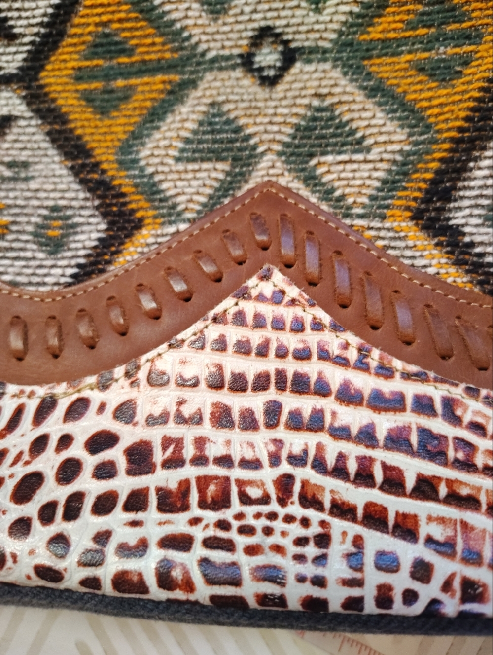 Myra Bag Kilim & Croc Embossed Upcycled Crossbody Gray Brown Yellow Boho Cowgirl - Picture 3 of 10